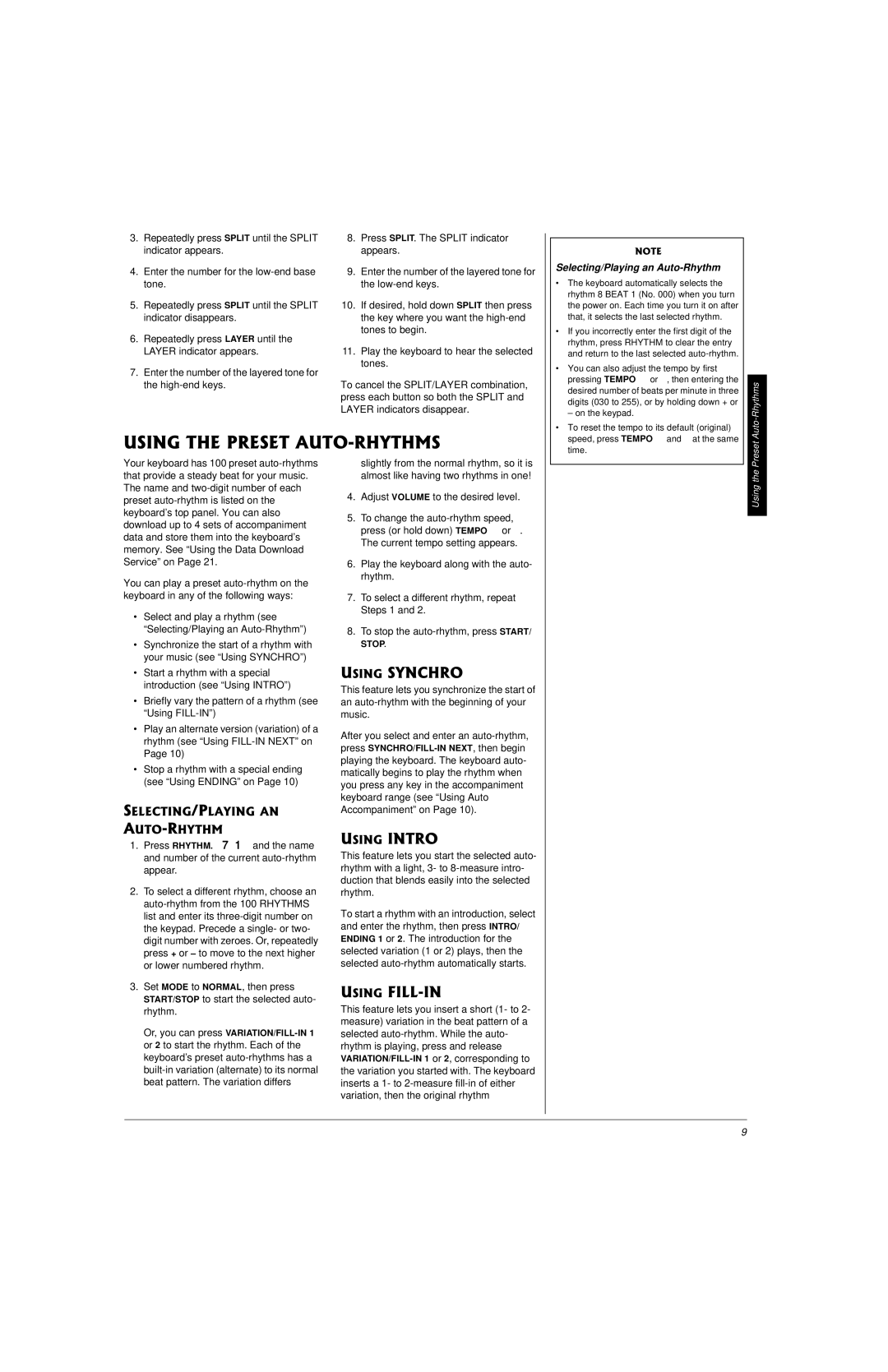 Radio Shack 42-4058 owner manual Selecting/Playing an Auto-Rhythm, Auto-Rhythms, Using 