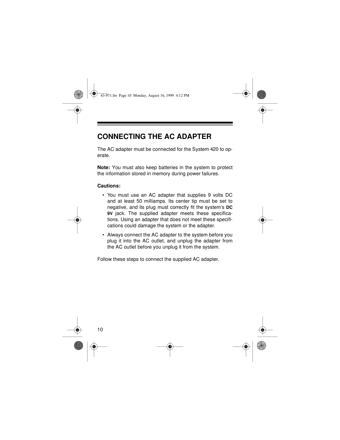 Radio Shack 420 owner manual Connecting the AC Adapter 