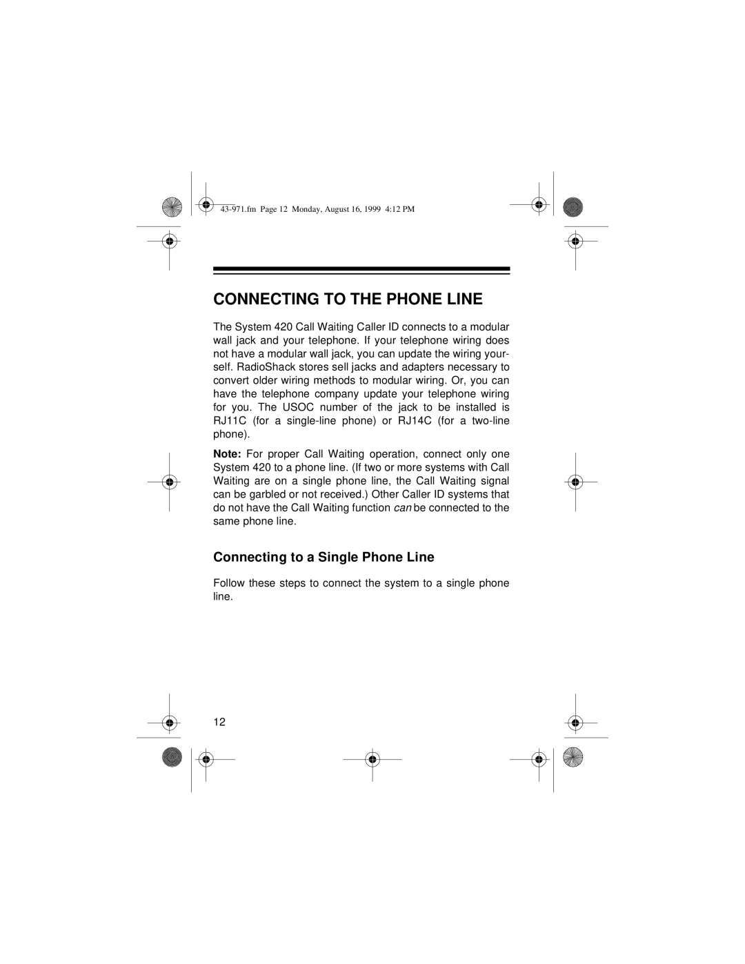 Radio Shack 420 owner manual Connecting to the Phone Line, Connecting to a Single Phone Line 