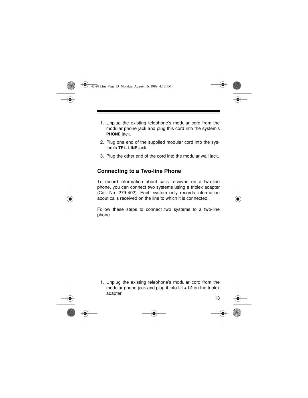 Radio Shack 420 owner manual Connecting to a Two-line Phone 