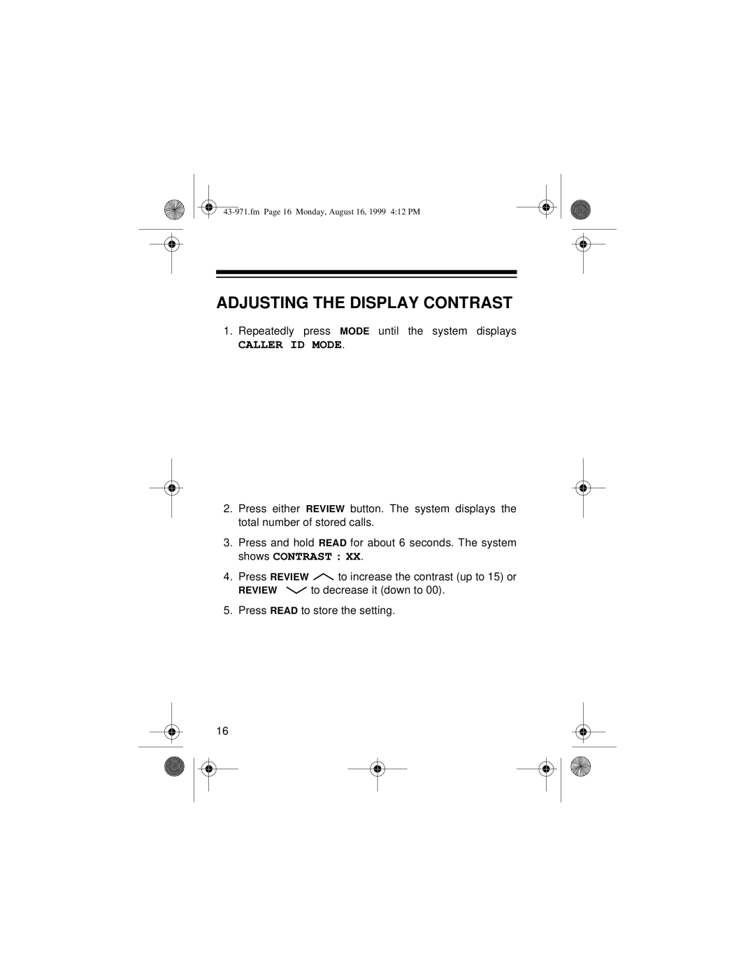 Radio Shack 420 owner manual Adjusting the Display Contrast, Caller ID Mode 