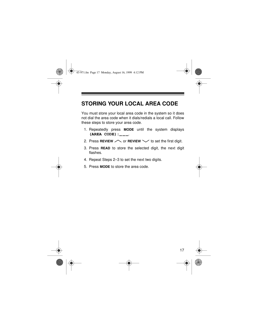 Radio Shack 420 owner manual Storing Your Local Area Code 