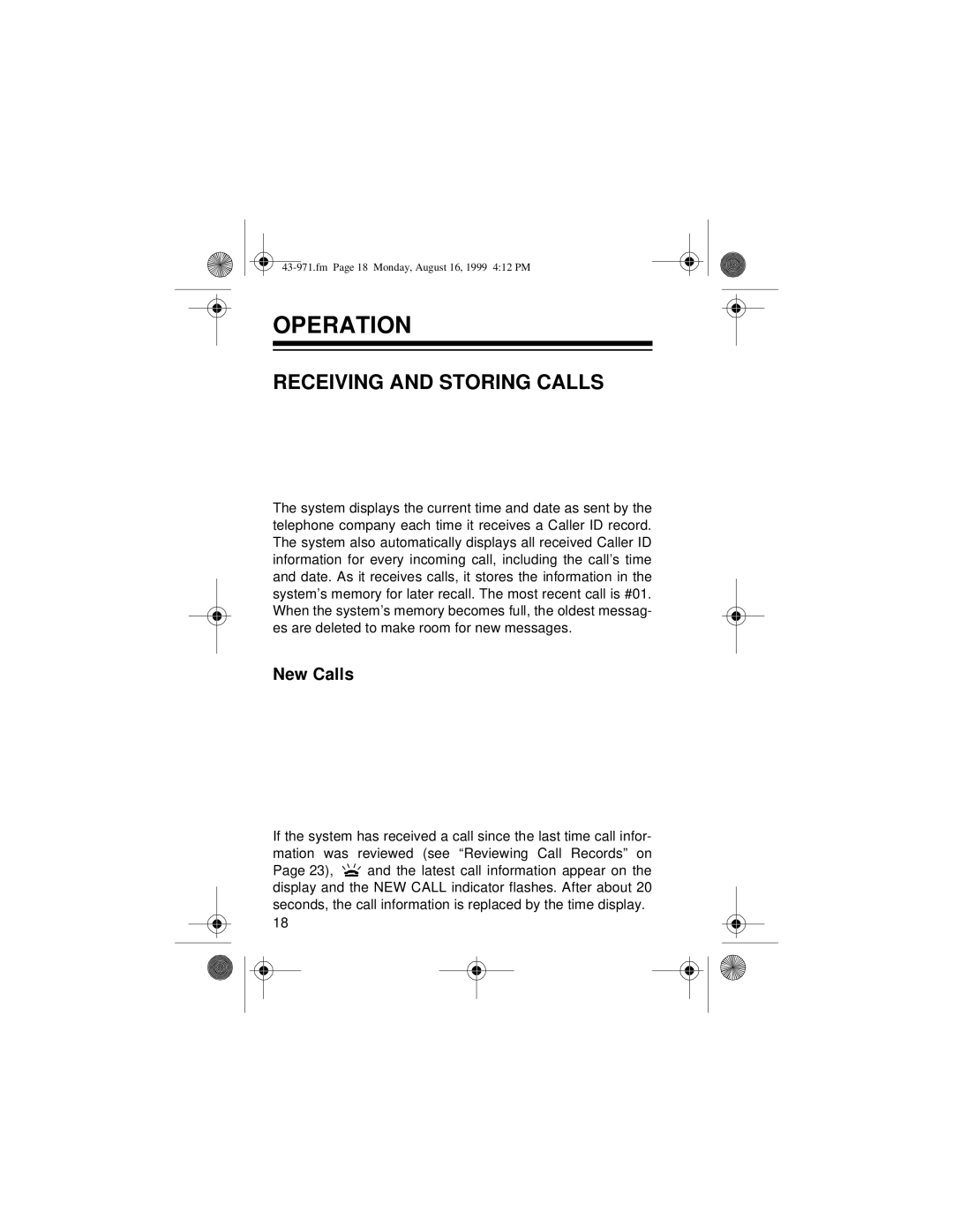 Radio Shack 420 owner manual Operation, Receiving and Storing Calls, New Calls 