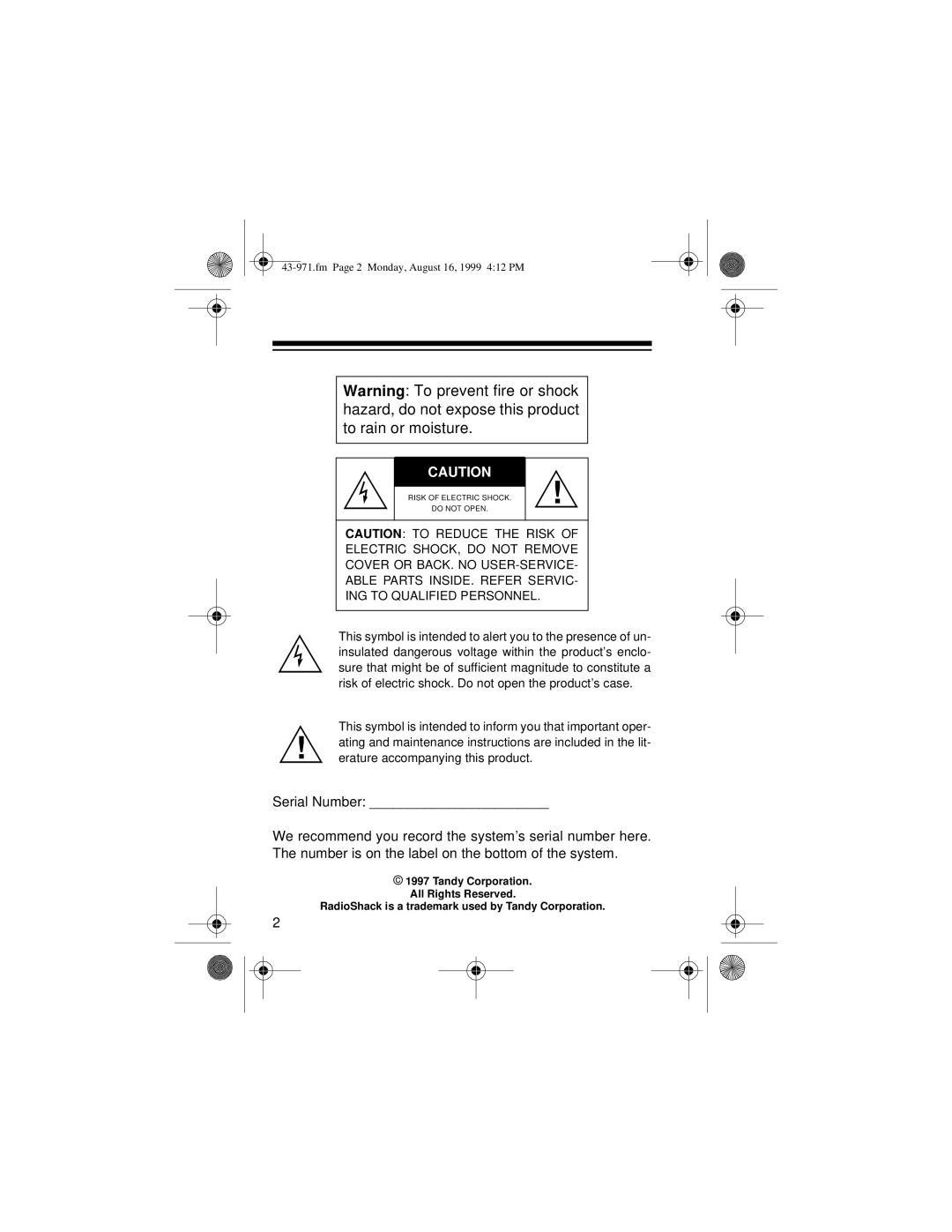 Radio Shack 420 owner manual Serial Number 