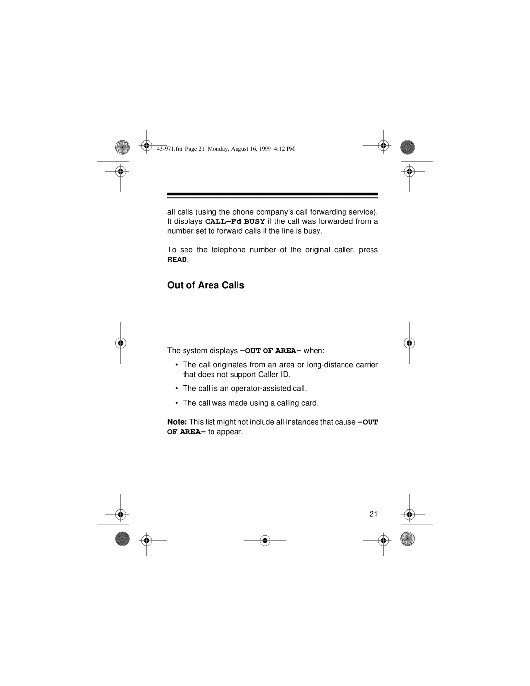 Radio Shack 420 owner manual Out of Area Calls 