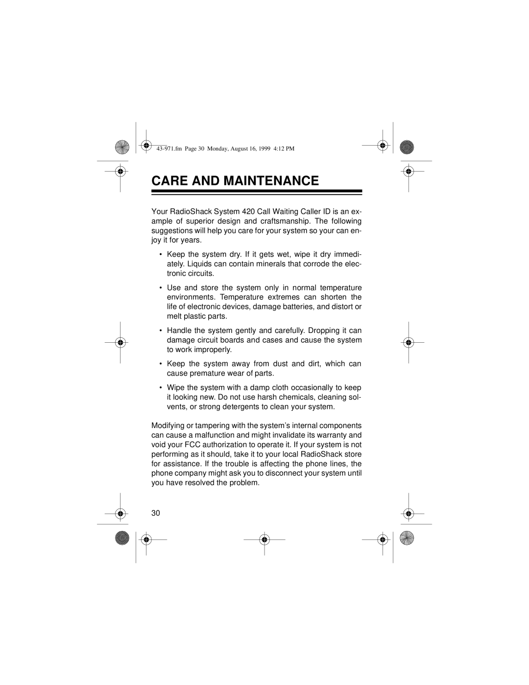 Radio Shack 420 owner manual Care and Maintenance 