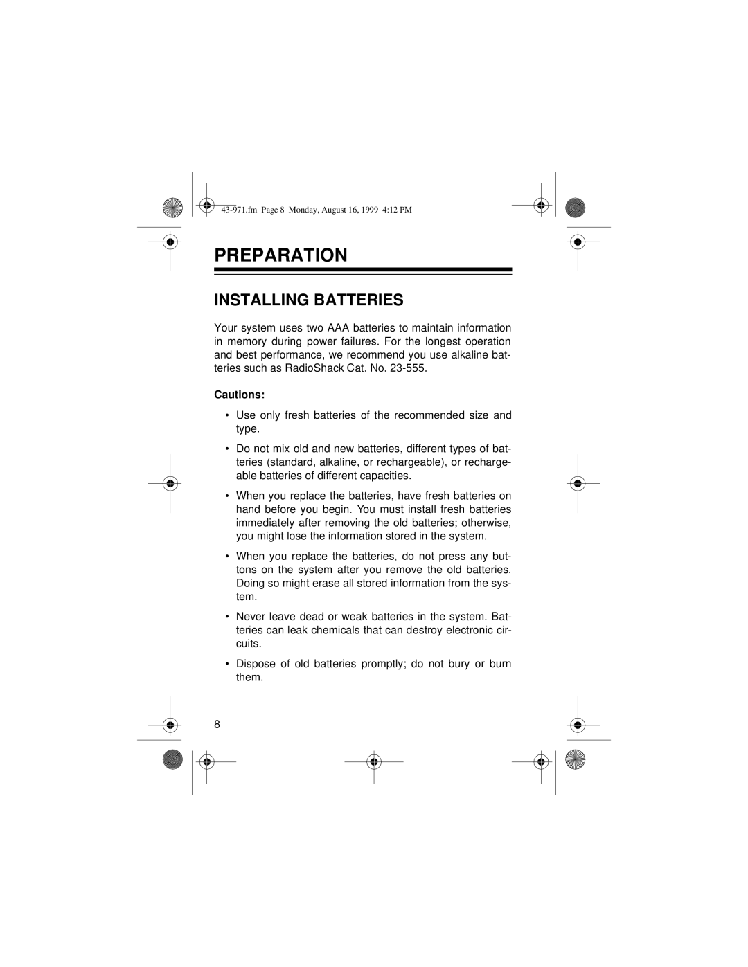 Radio Shack 420 owner manual Preparation, Installing Batteries 