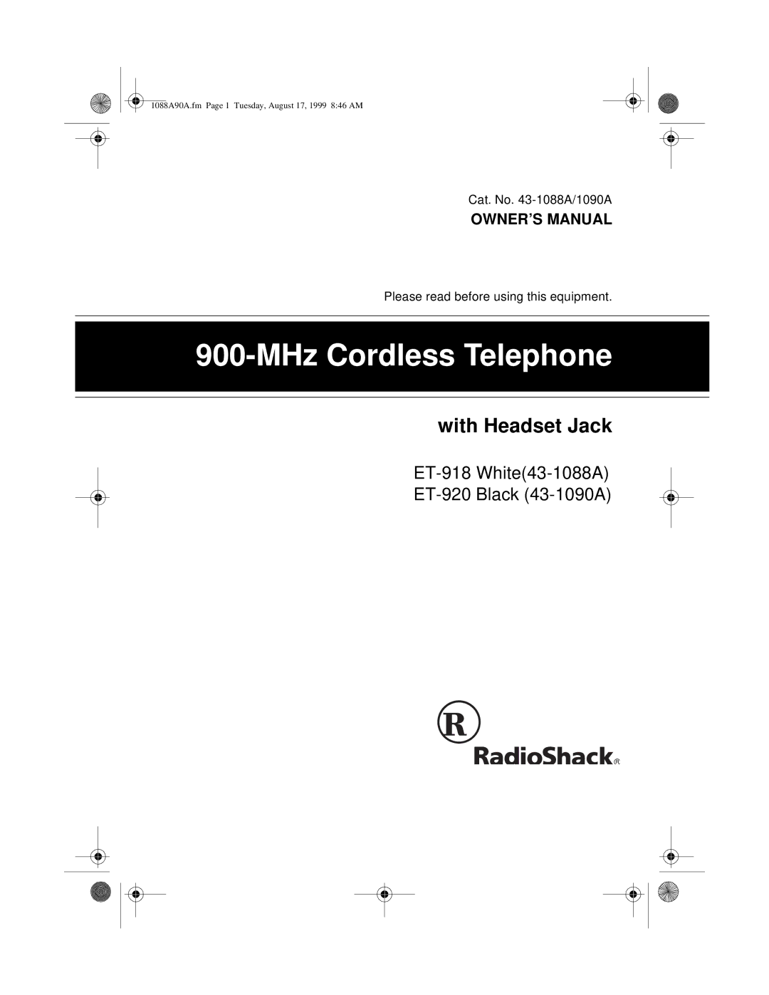 Radio Shack 43-1090A, 43-1088A owner manual MHz Cordless Telephone 