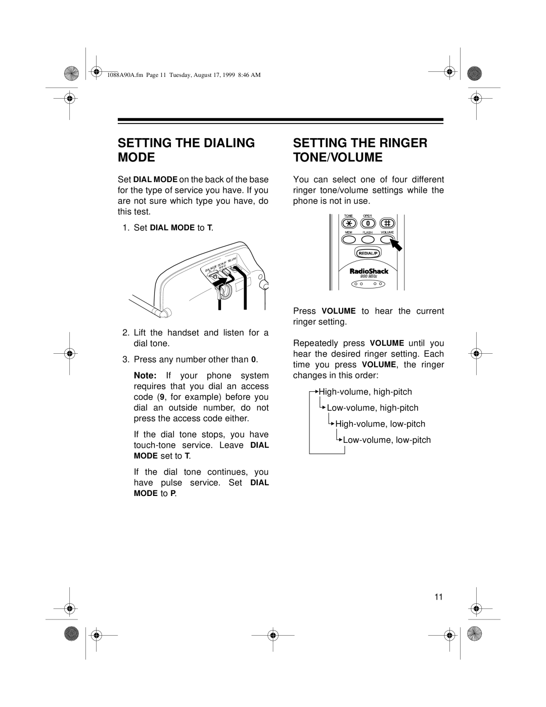 Radio Shack 43-1090A, 43-1088A owner manual Setting the Dialing Mode, Setting the Ringer TONE/VOLUME 