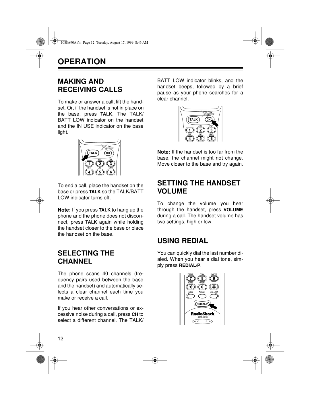 Radio Shack 43-1088A Operation, Making and Receiving Calls, Setting the Handset Volume, Selecting Channel, Using Redial 