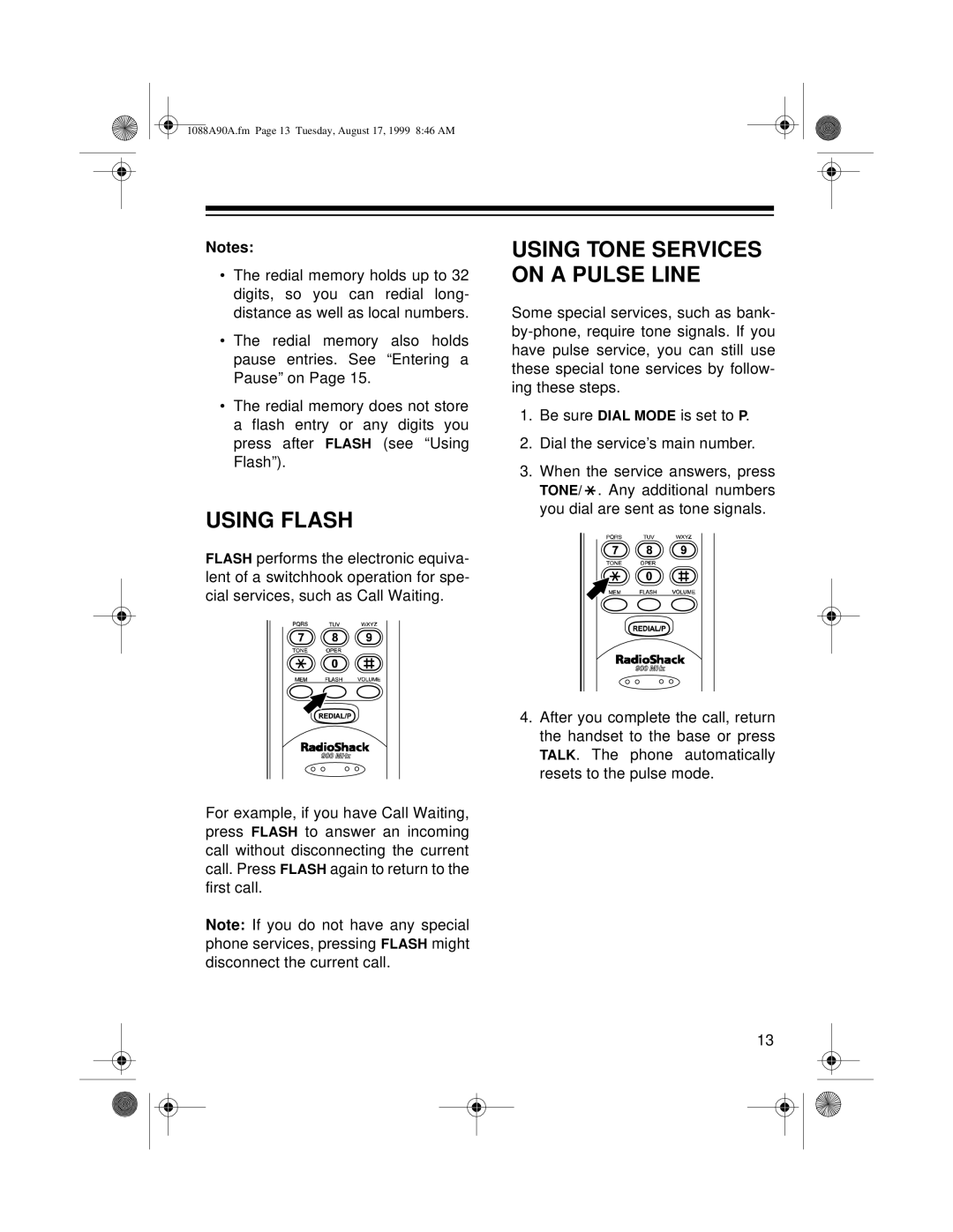 Radio Shack 43-1090A, 43-1088A owner manual Using Flash, Using Tone Services on a Pulse Line 