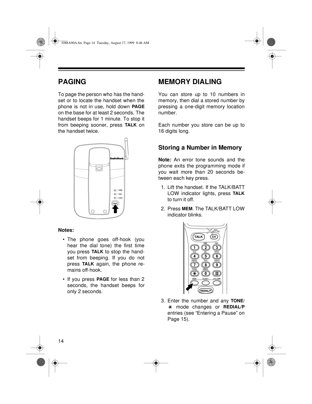 Radio Shack 43-1088A, 43-1090A owner manual Paging, Memory Dialing, Storing a Number in Memory 