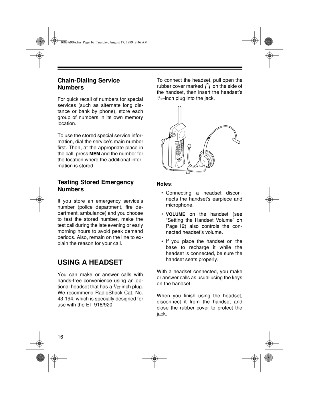 Radio Shack 43-1088A, 43-1090A owner manual Using a Headset, Chain-Dialing Service Numbers, Testing Stored Emergency Numbers 