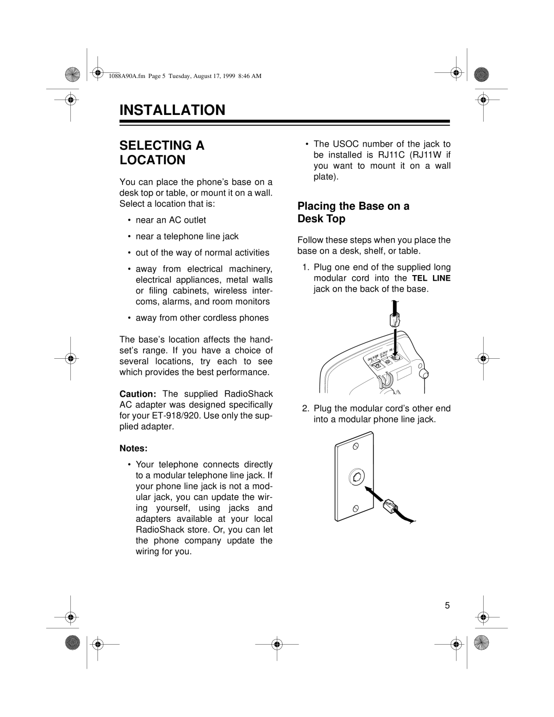 Radio Shack 43-1090A, 43-1088A owner manual Installation, Selecting a Location, Placing the Base on a Desk Top 