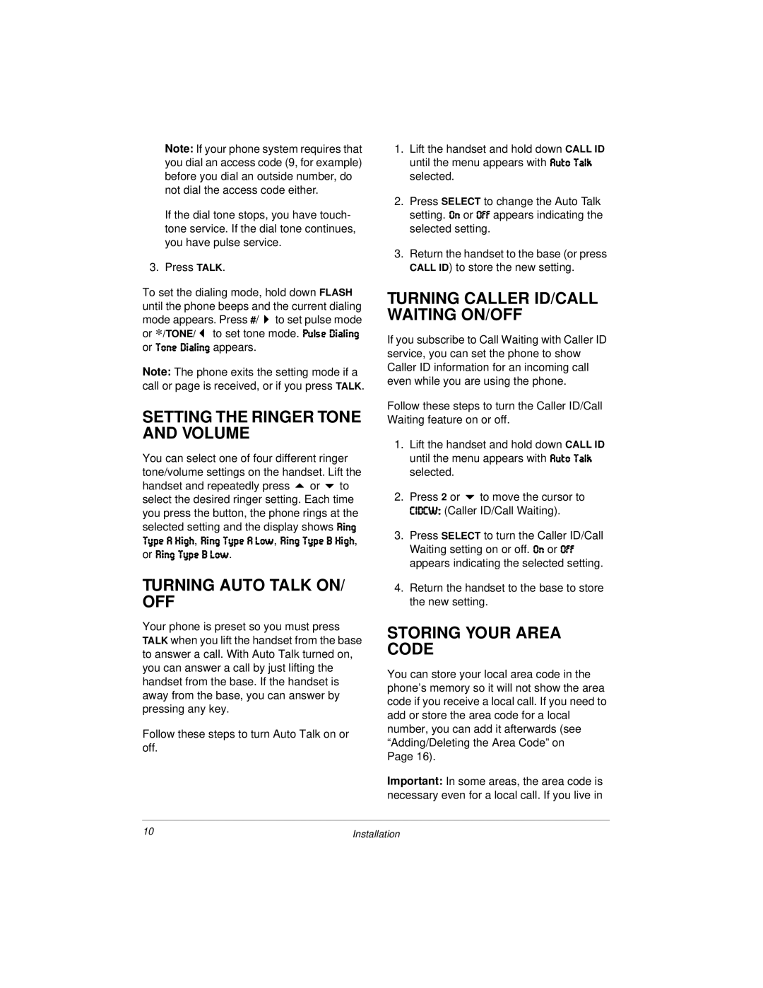 Radio Shack 43-1122 Setting the Ringer Tone and Volume, Turning Auto Talk ON/ OFF, Turning Caller ID/CALL Waiting ON/OFF 