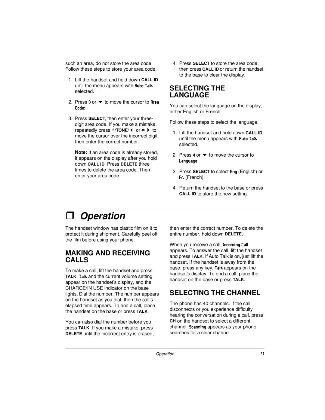 Radio Shack 43-1122 owner manual Operation, Selecting Language, Making and Receiving Calls, Selecting the Channel 