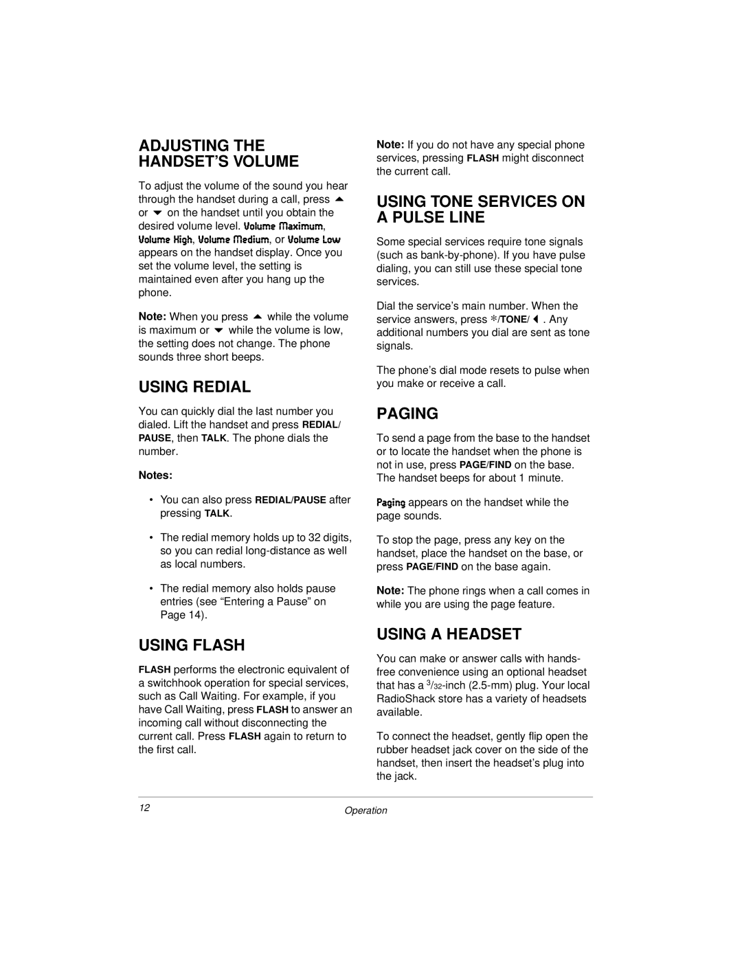 Radio Shack 43-1122 Adjusting the HANDSET’S Volume, Using Redial, Using Flash, Using Tone Services on a Pulse Line, Paging 