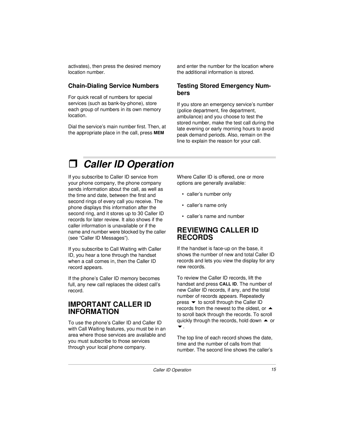 Radio Shack 43-1122 owner manual Caller ID Operation, Important Caller ID Information, Reviewing Caller ID Records 