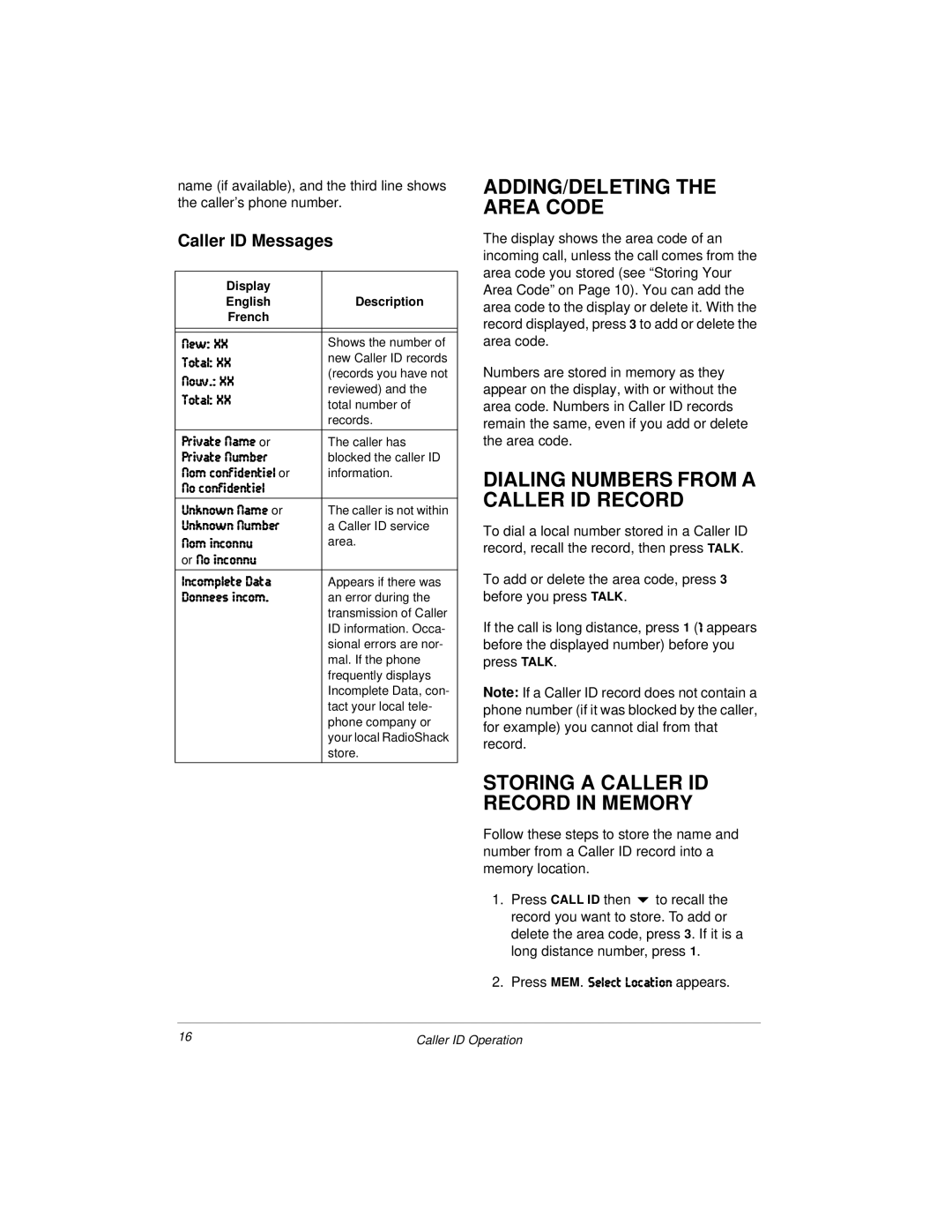 Radio Shack 43-1122 owner manual ADDING/DELETING the Area Code, Dialing Numbers from a Caller ID Record, Caller ID Messages 