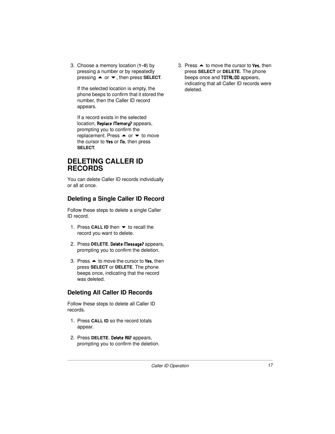 Radio Shack 43-1122 Deleting Caller ID Records, Deleting a Single Caller ID Record, Deleting All Caller ID Records 