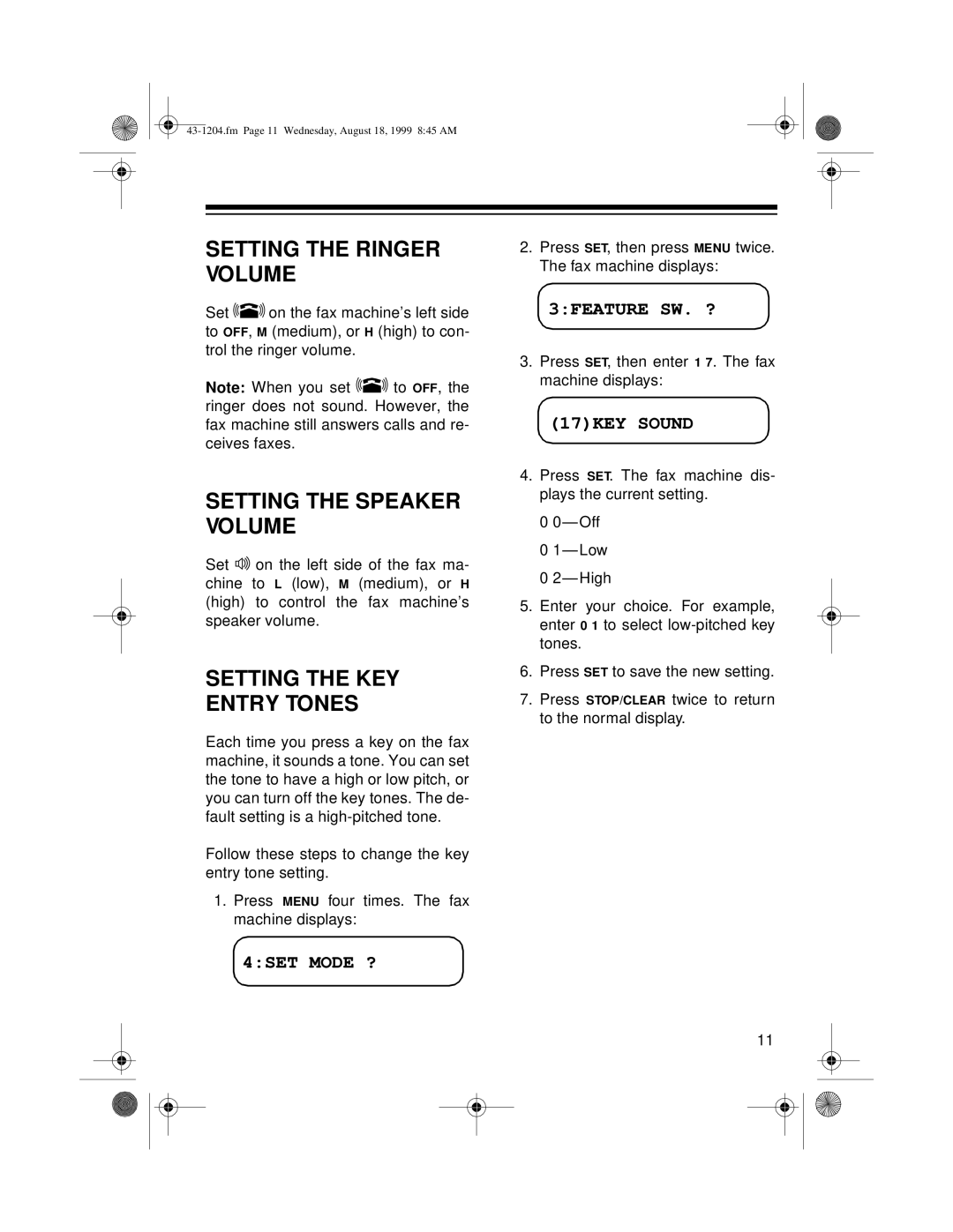 Radio Shack 43-1204 Setting the Ringer Volume, Setting the Speaker Volume, Setting the KEY Entry Tones, 17KEY Sound 