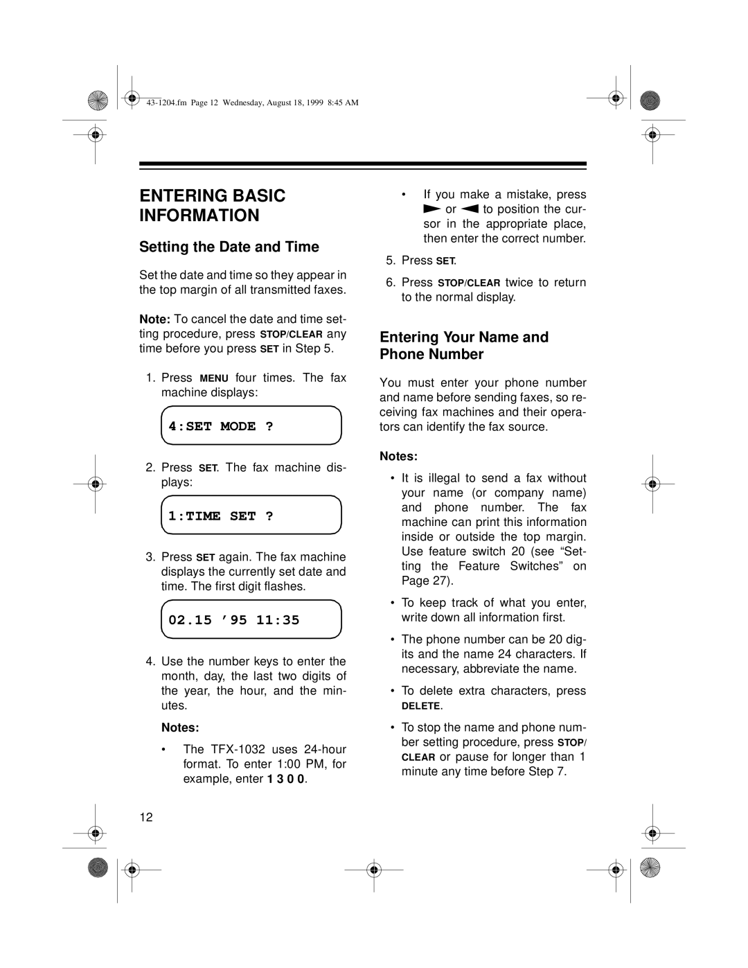 Radio Shack 43-1204 owner manual Entering Basic Information, Setting the Date and Time, 1TIME SET ? 