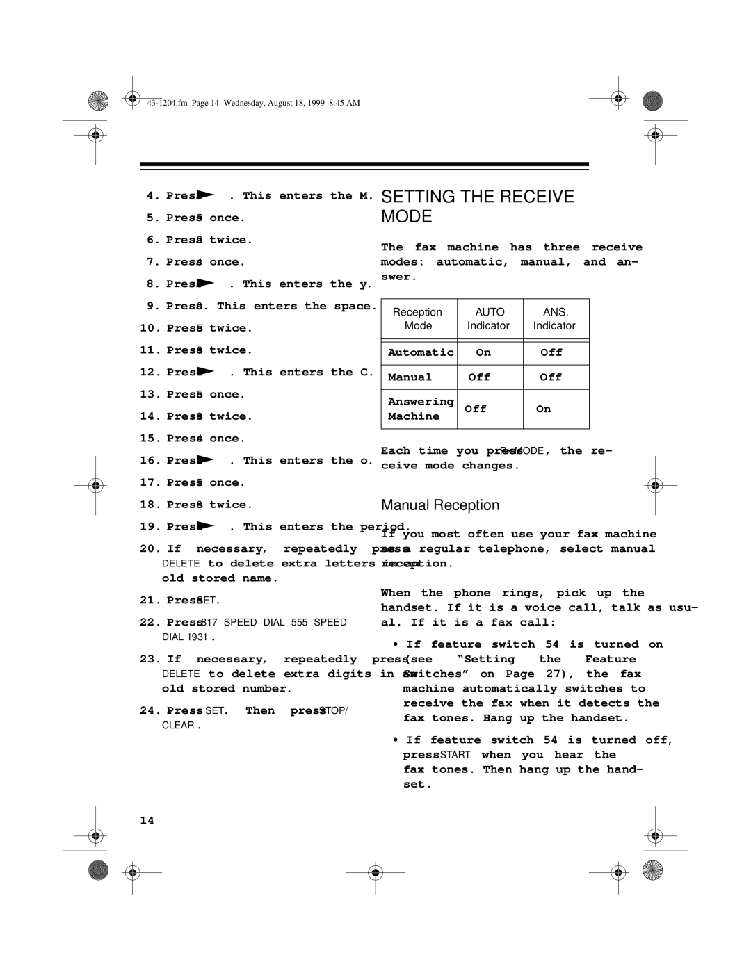 Radio Shack 43-1204 owner manual Setting the Receive Mode, Manual Reception 