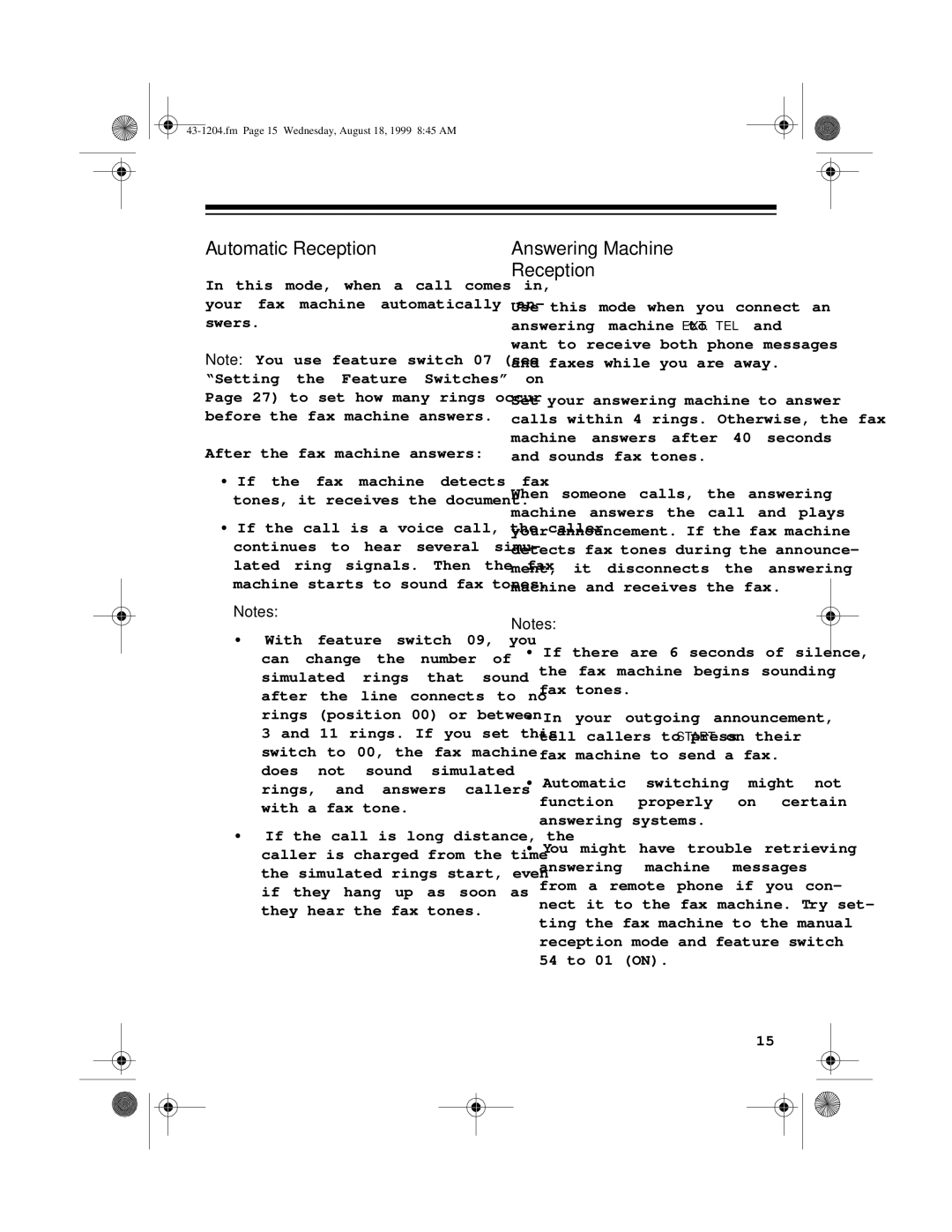 Radio Shack 43-1204 owner manual Automatic Reception, Answering Machine Reception 