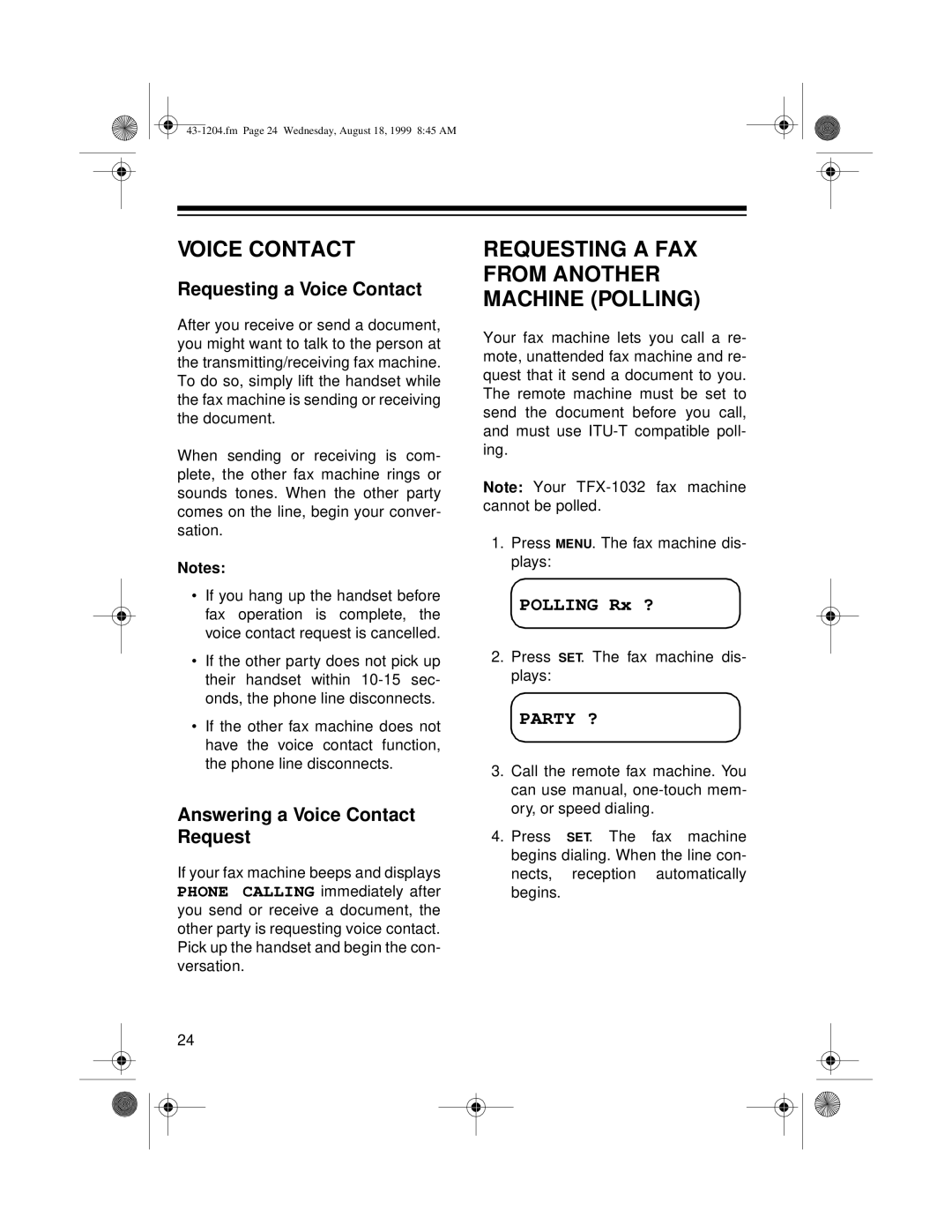 Radio Shack 43-1204 owner manual Requesting a FAX from Another Machine Polling, Requesting a Voice Contact, Party ? 