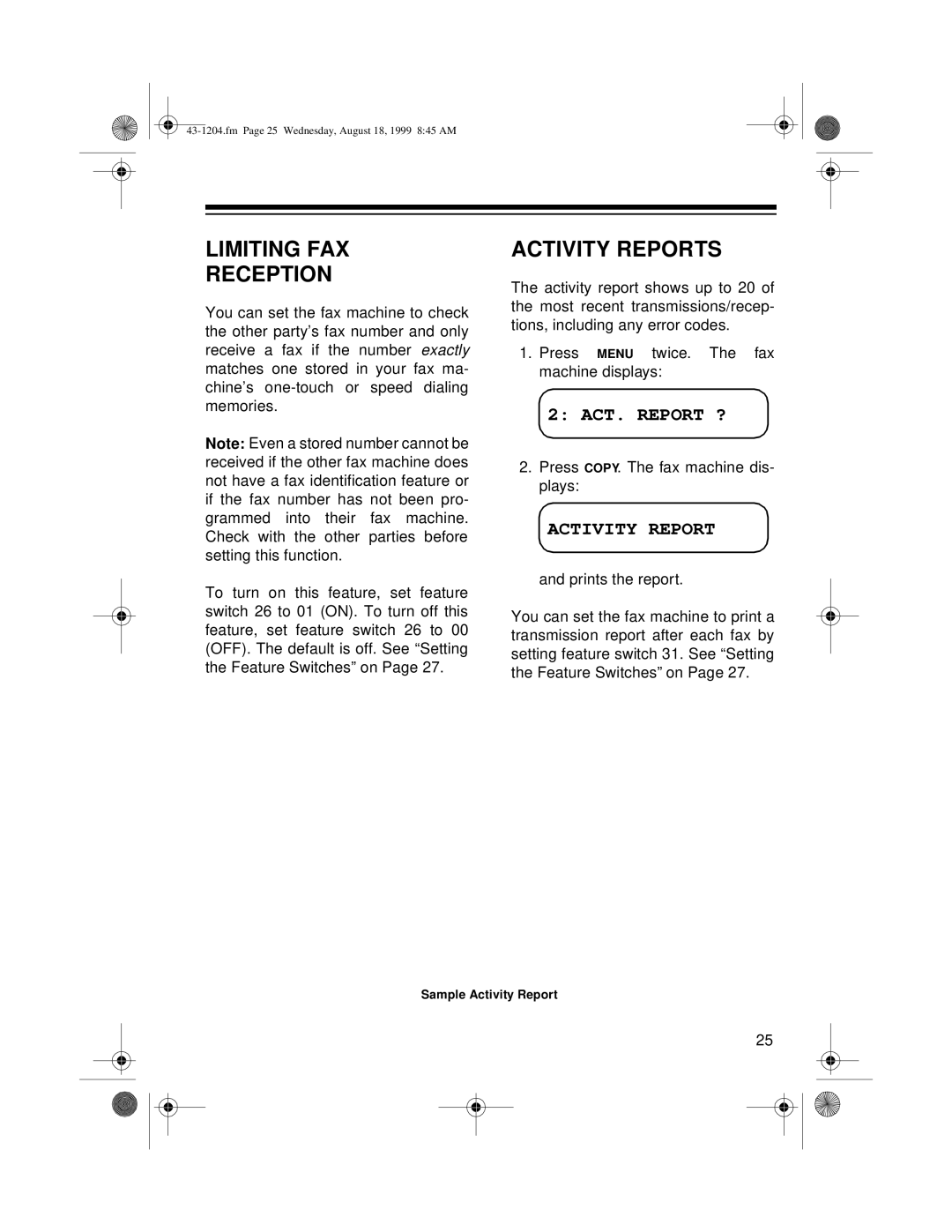 Radio Shack 43-1204 owner manual Limiting FAX Reception, Activity Reports, ACT. Report ? 