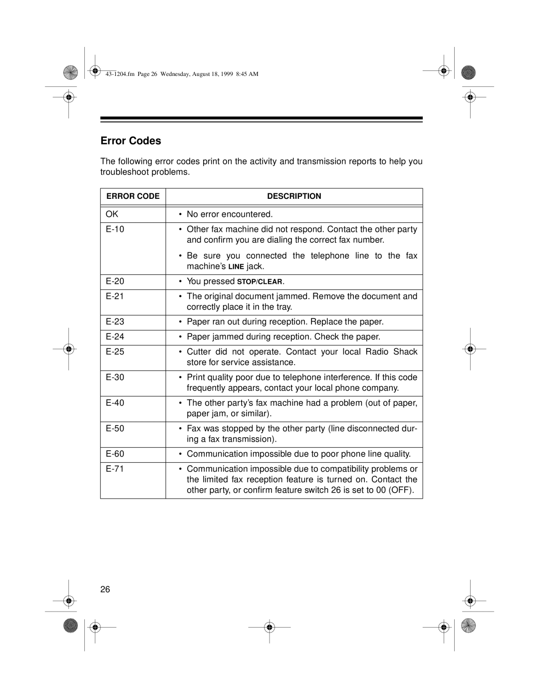 Radio Shack 43-1204 owner manual Error Codes 