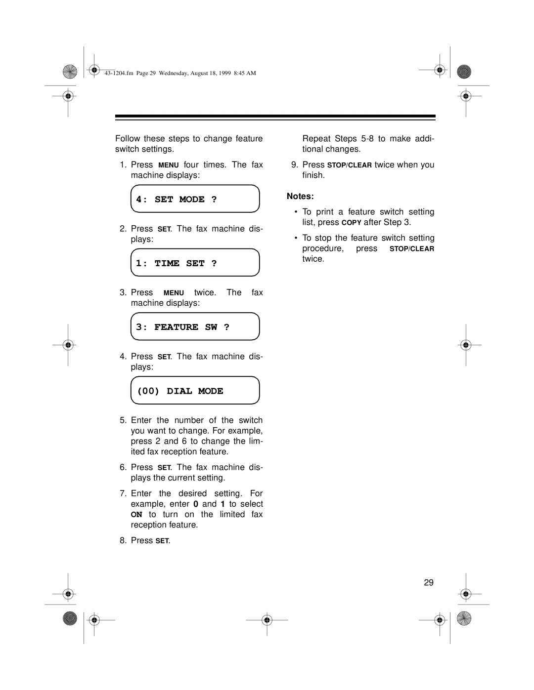 Radio Shack 43-1204 owner manual SET Mode ?, Time SET ?, Feature SW ?, Dial Mode 