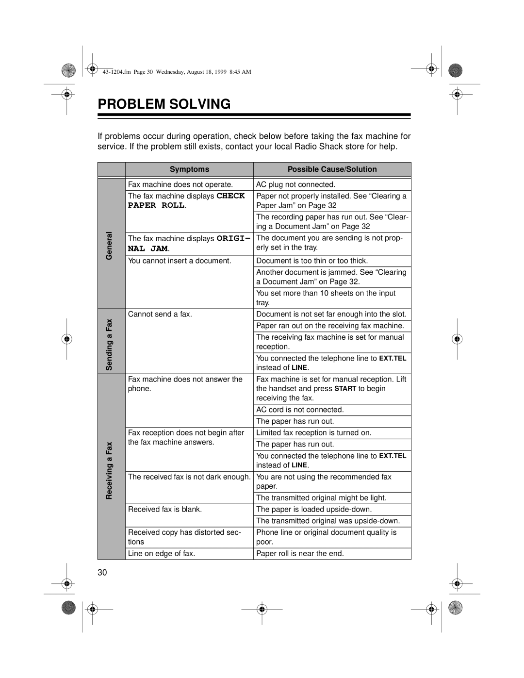 Radio Shack 43-1204 owner manual Problem Solving, Symptoms Possible Cause/Solution 