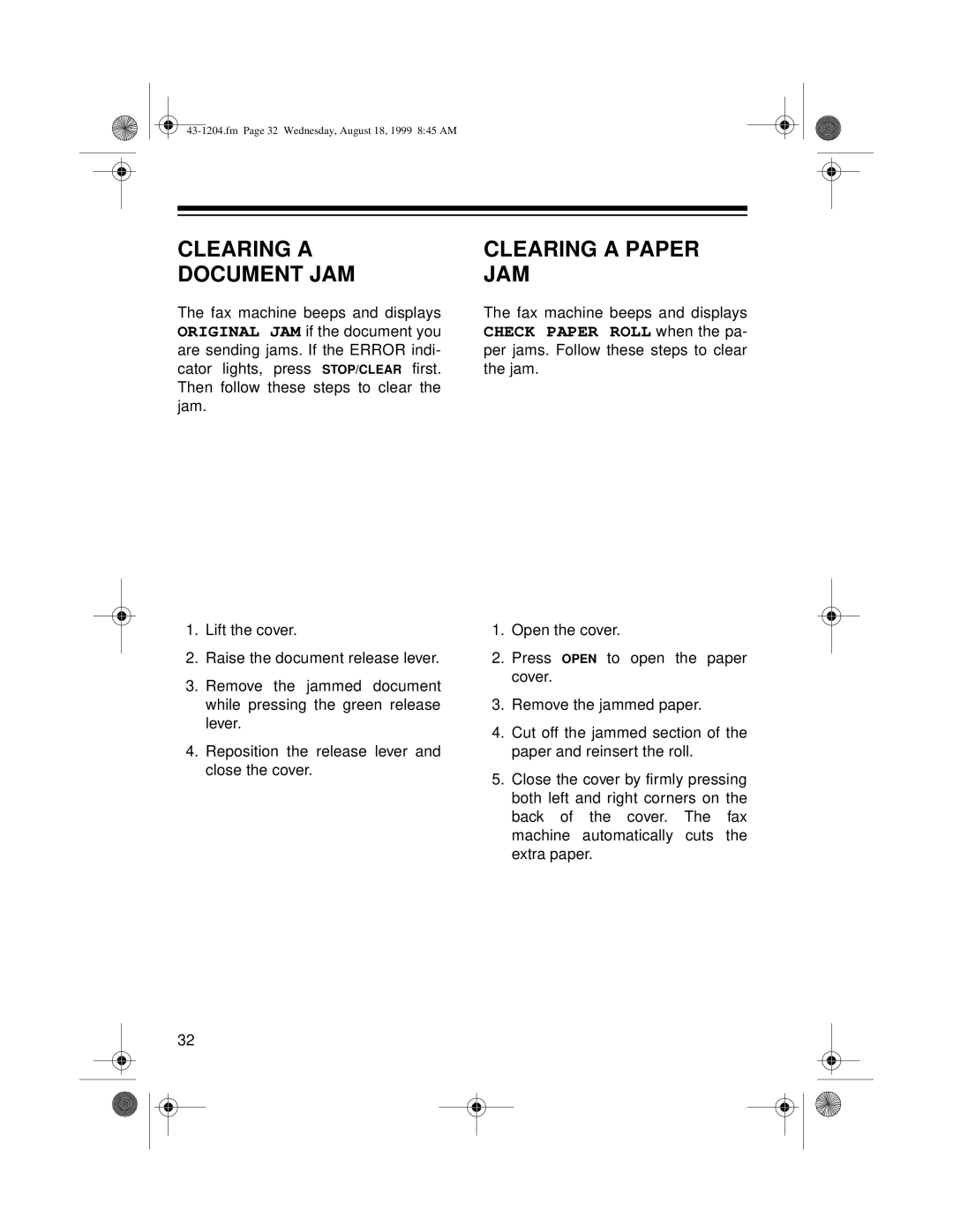 Radio Shack 43-1204 owner manual Clearing a Document JAM, Clearing a Paper JAM 