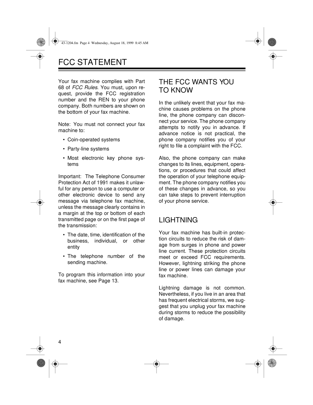 Radio Shack 43-1204 owner manual FCC Statement, FCC Wants YOU to Know, Lightning 