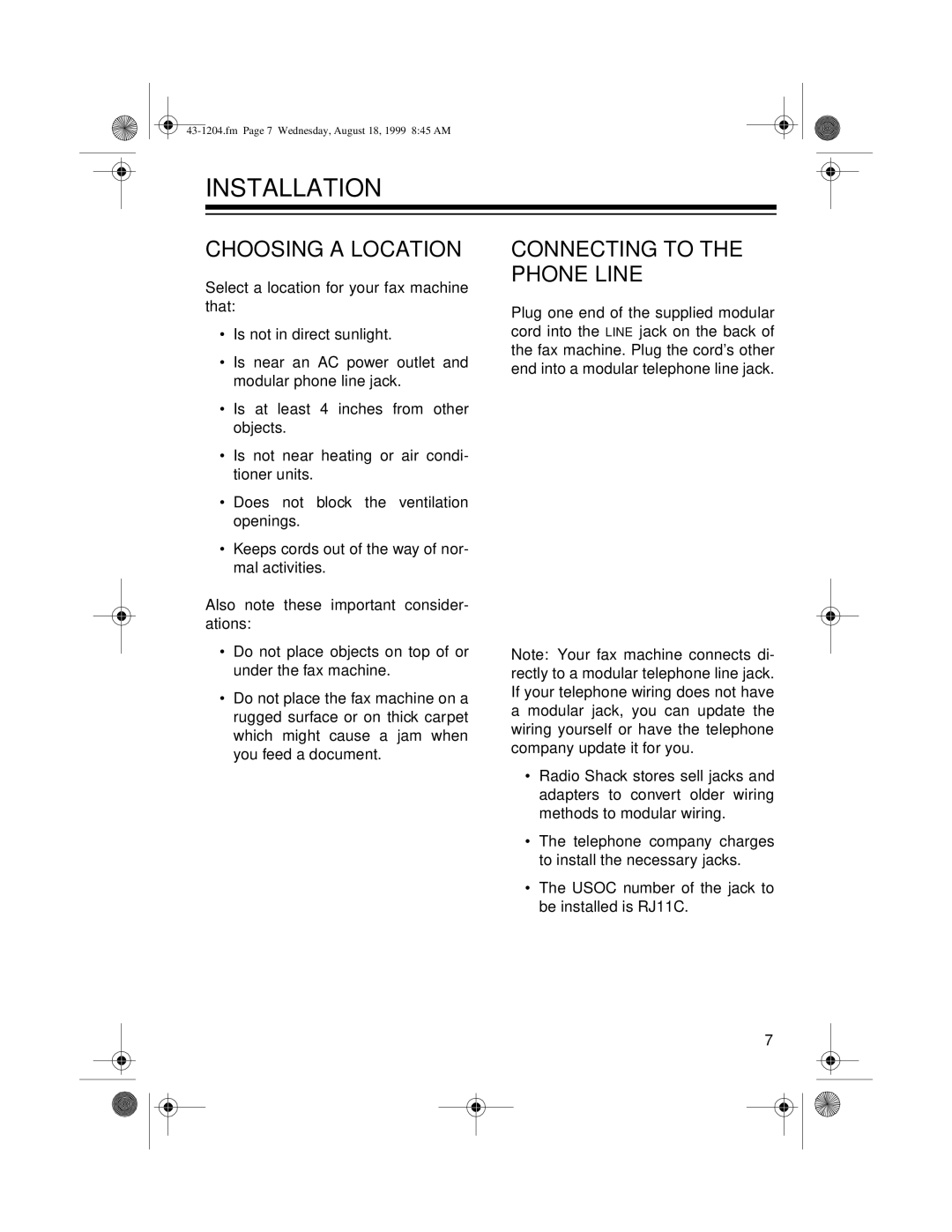 Radio Shack 43-1204 owner manual Installation, Choosing a Location, Connecting to the Phone Line 