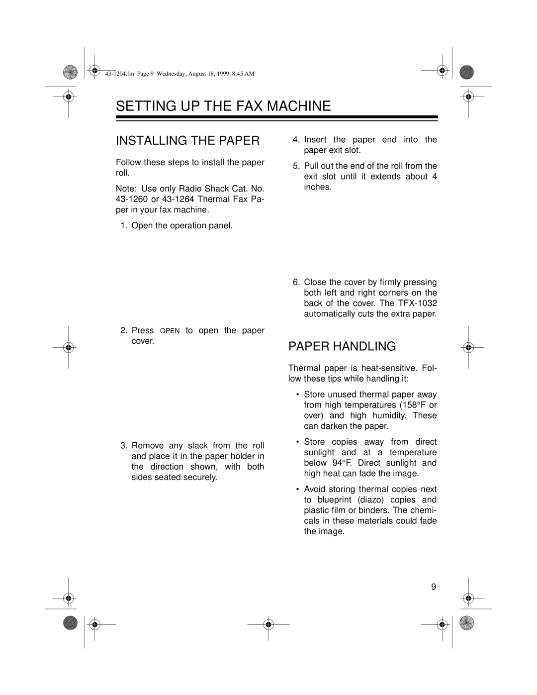 Radio Shack 43-1204 owner manual Setting UP the FAX Machine, Installing the Paper, Paper Handling 