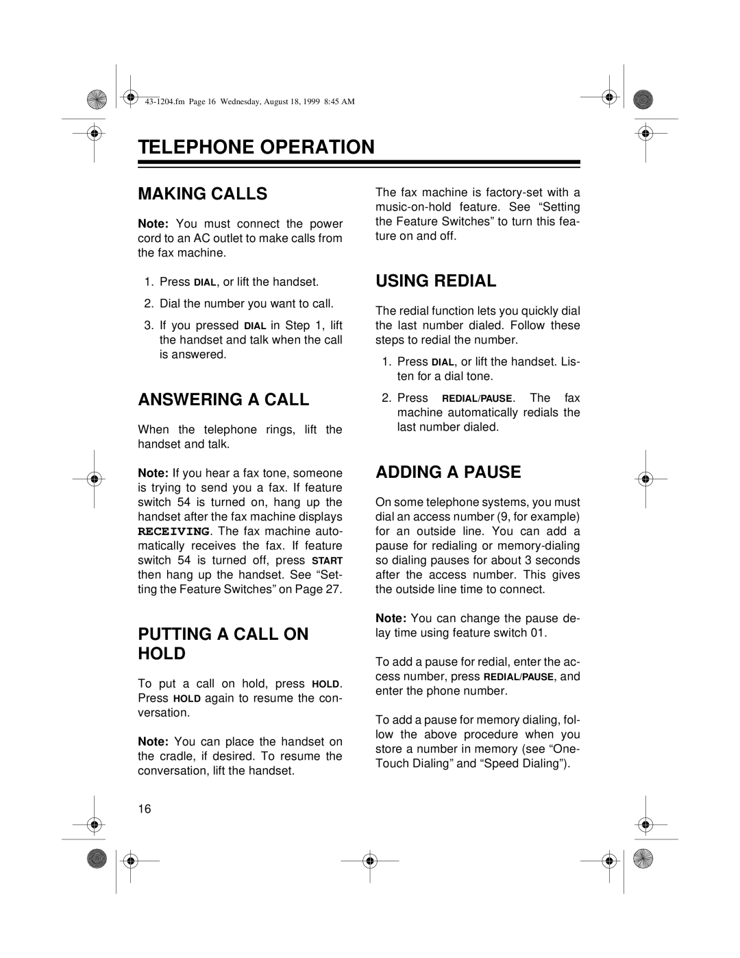 Radio Shack 43-1204 owner manual Telephone Operation, Making Calls, Answering A Call, Putting A Call On Hold, Using Redial 
