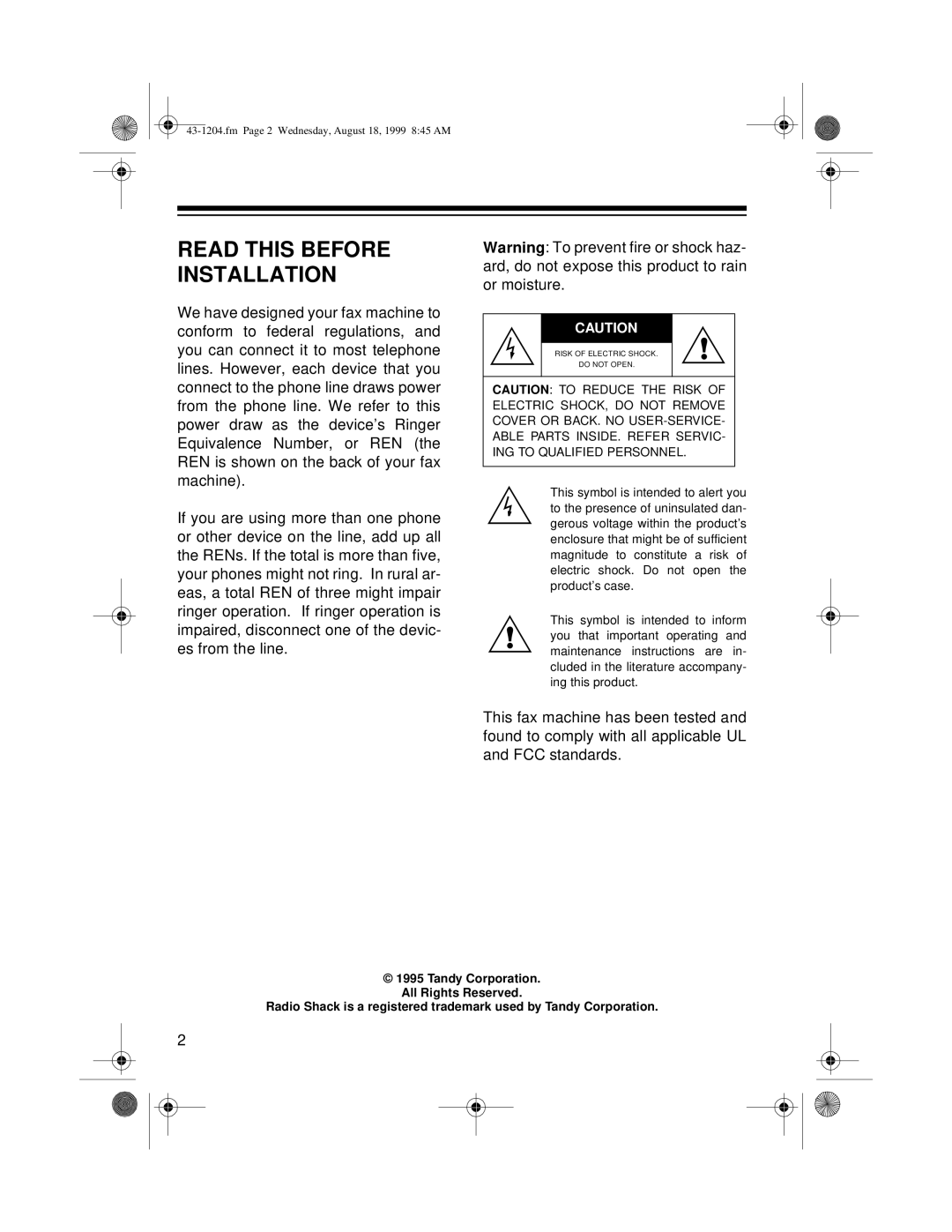 Radio Shack 43-1204 owner manual Read This Before Installation, Tandy Corporation All Rights Reserved 