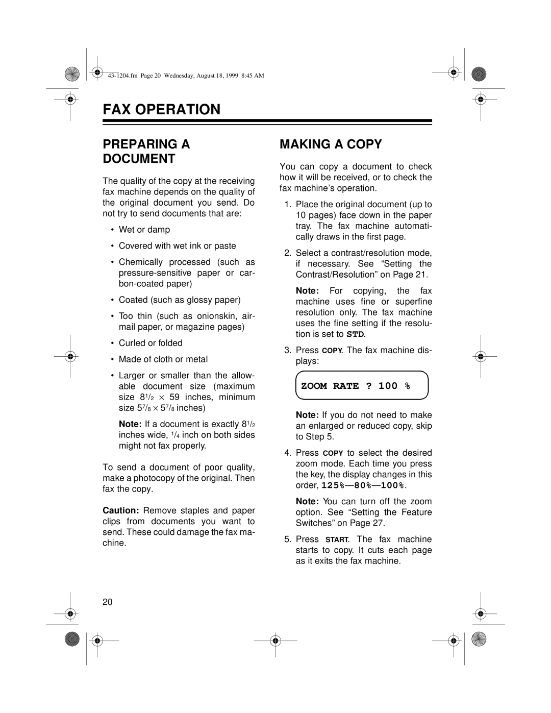 Radio Shack 43-1204 owner manual Fax Operation, Preparing A Document, Making A Copy, ZOOM RATE ? 100 % 