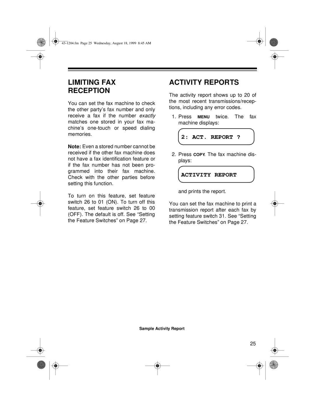 Radio Shack 43-1204 owner manual Limiting Fax Reception, Activity Reports, 2 ACT. REPORT ? 