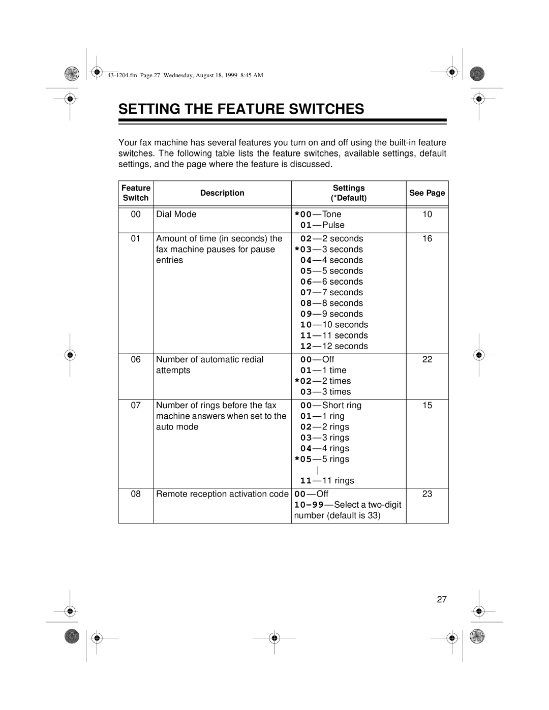 Radio Shack 43-1204 owner manual Setting The Feature Switches, Description, Settings, See Page, Default 