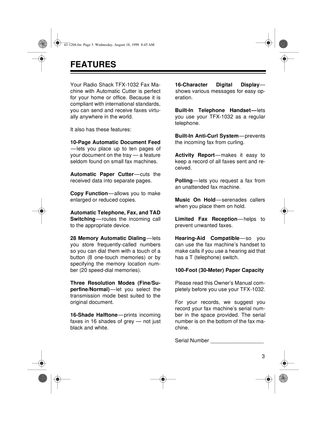 Radio Shack 43-1204 owner manual Features 