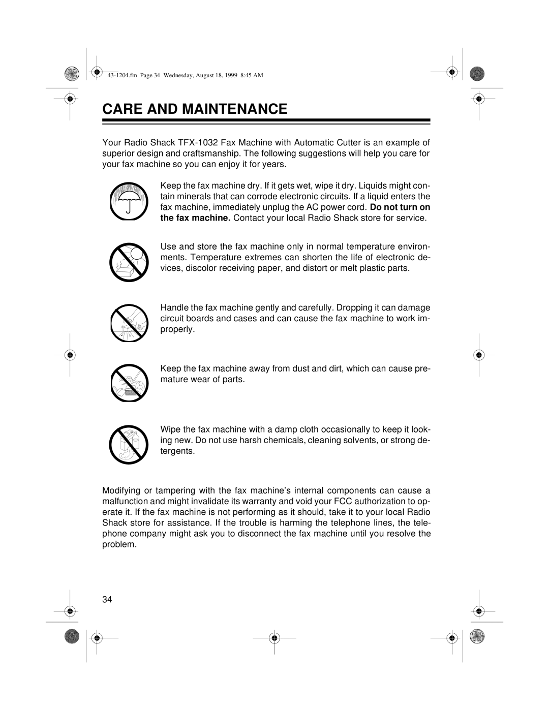 Radio Shack 43-1204 owner manual Care And Maintenance, fm Page 34 Wednesday, August 18, 1999 845 AM 