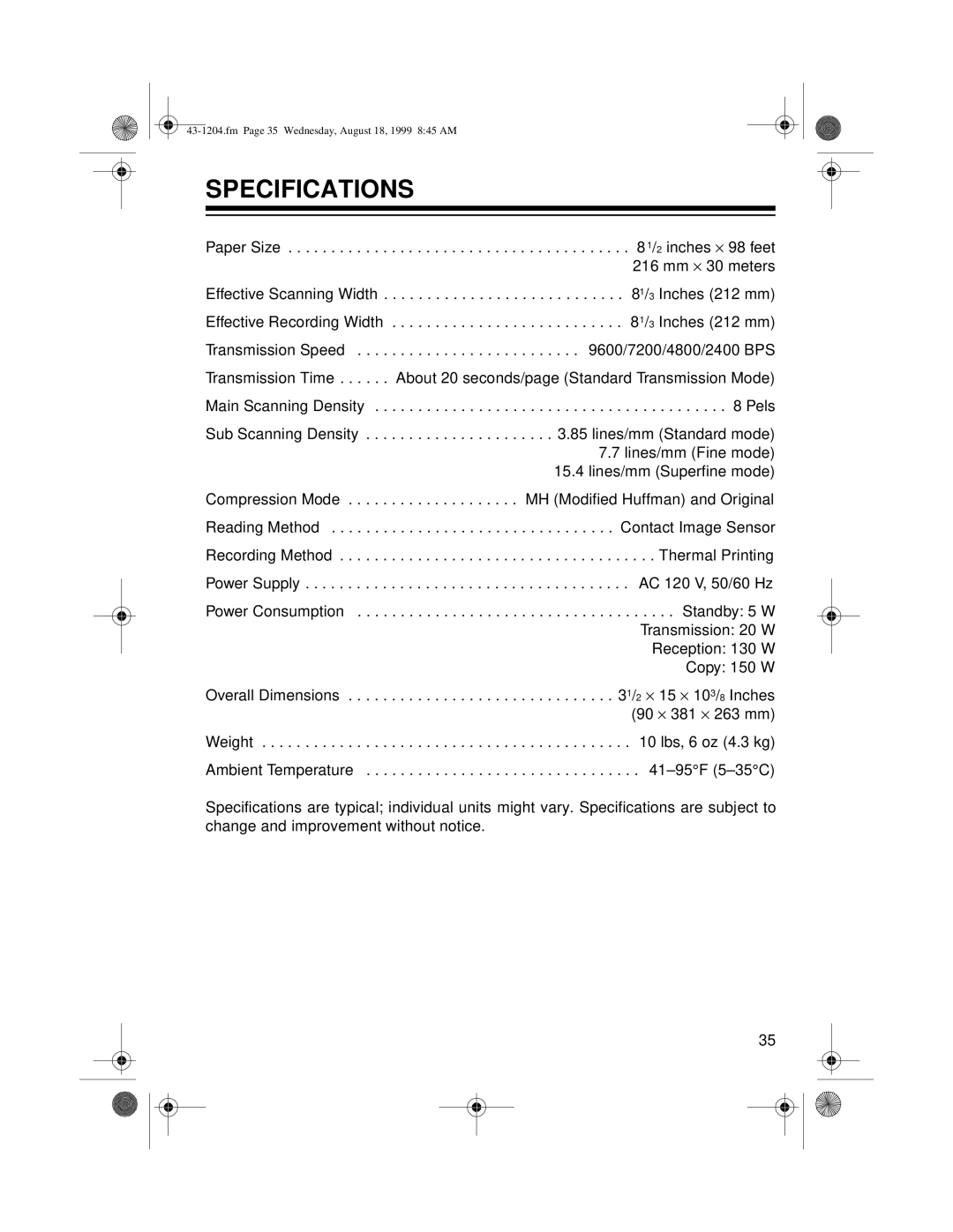 Radio Shack 43-1204 owner manual Specifications 