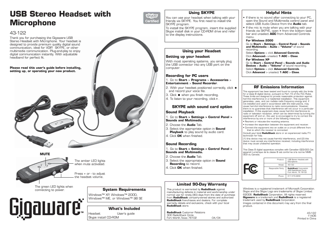 Radio Shack 43-122 warranty System Requirements, What’s Included, Using Skype, Using your Headset, Limited 90-Day Warranty 