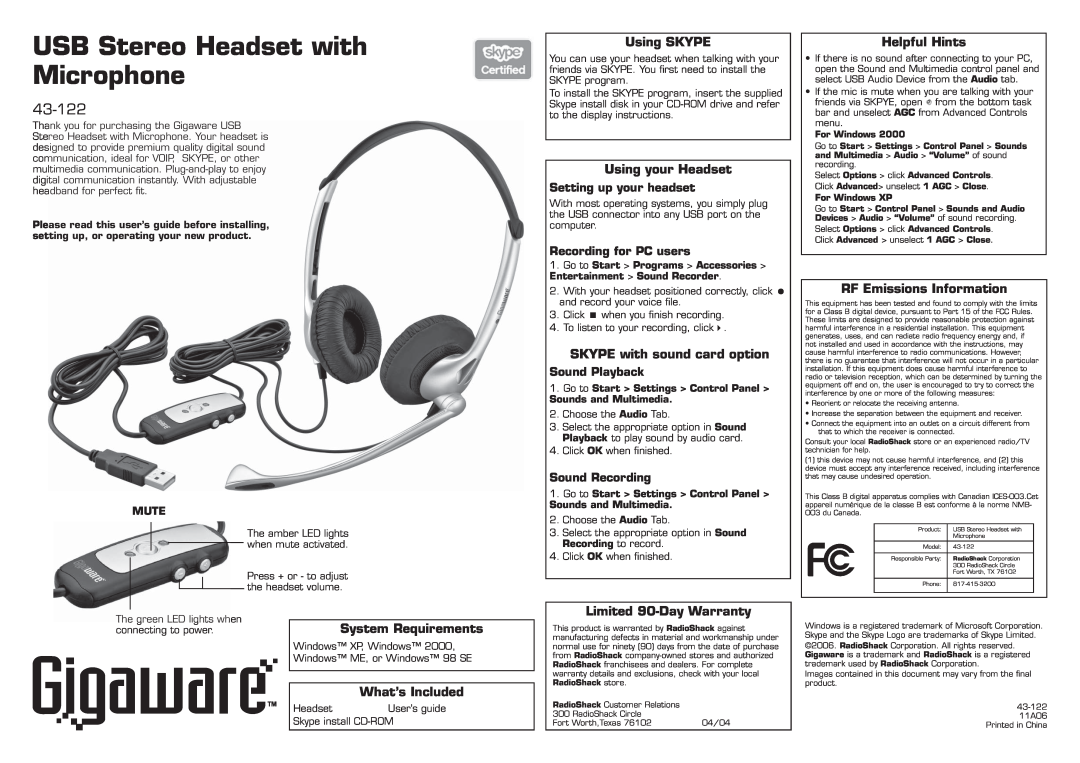 Radio Shack 43-122 warranty USB Stereo Headset with Microphone, System Requirements, What’s Included, Using SKYPE, Mute 
