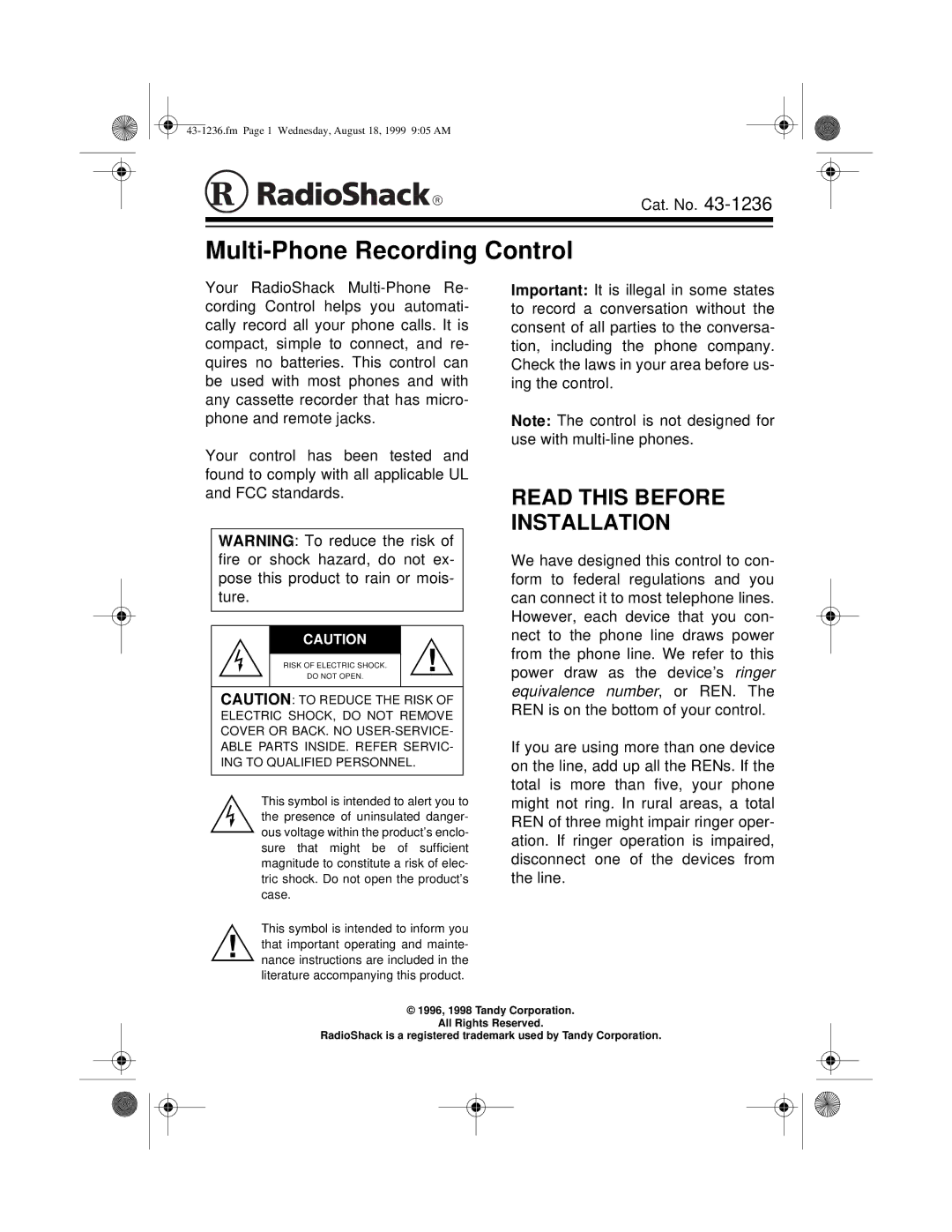 Radio Shack 43-1236 user service Multi-Phone Recording Control, Read this Before Installation 