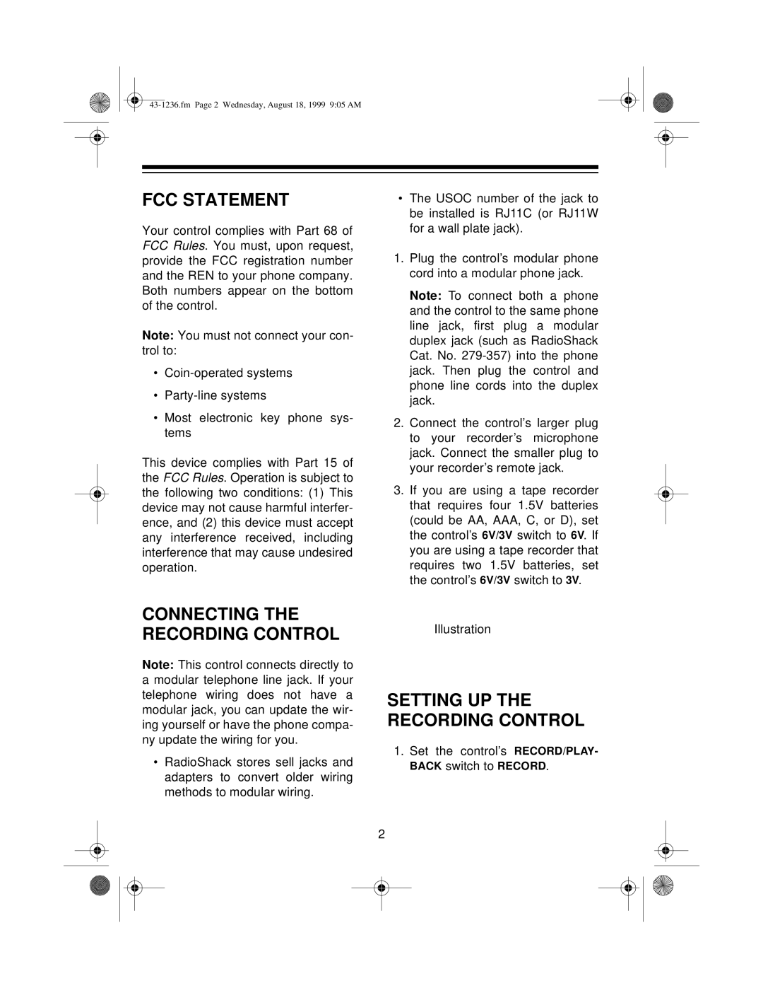 Radio Shack 43-1236 user service FCC Statement, Connecting the Recording Control, Setting UP the Recording Control 