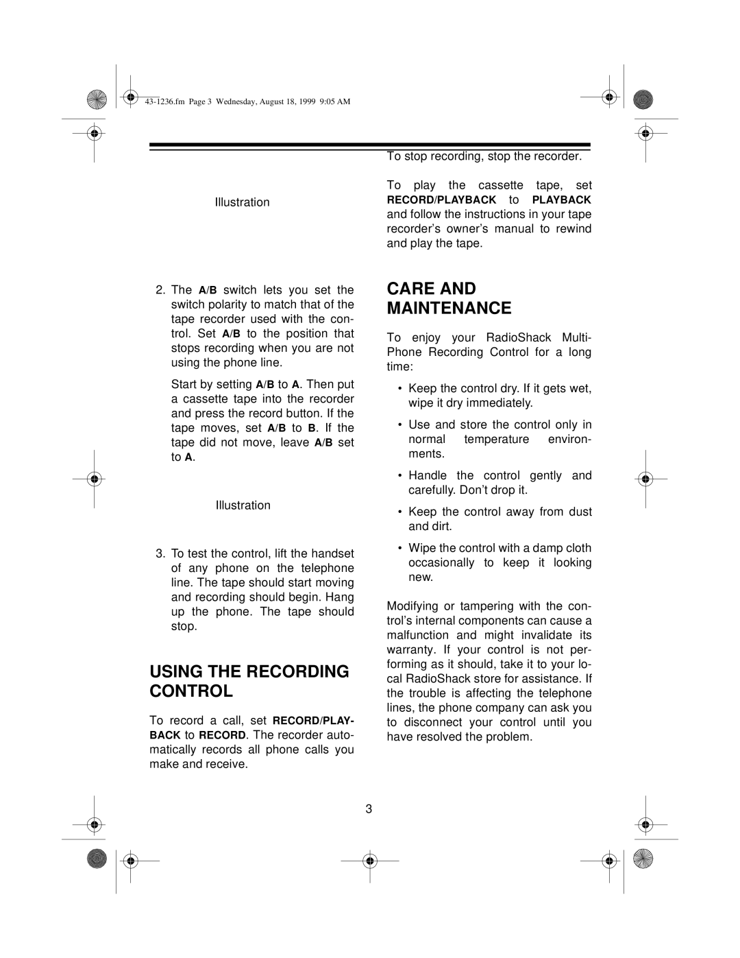 Radio Shack 43-1236 user service Using the Recording Control, Care Maintenance 